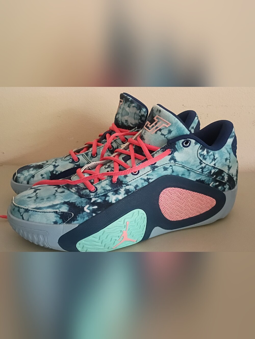 Jordan Tie-Dye Blue Teal Sneakers with Pink Laces - Picture 2 of 5
